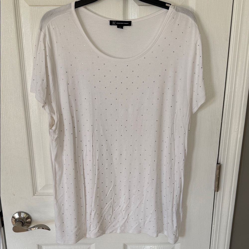 INC International Concepts White Short Sleeve Tee with Studs